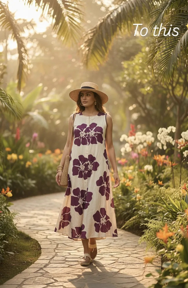 After: the same dress as an AI-generated editorial campaign shot, worn by a model in a sunlit garden