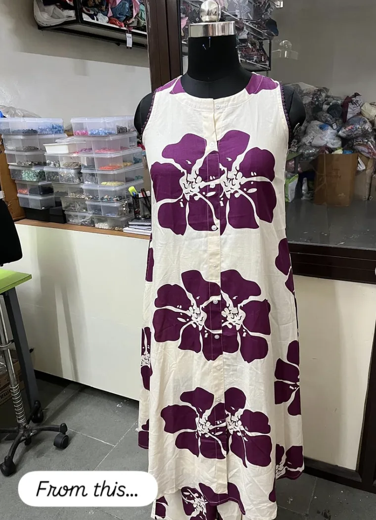 Before: raw phone photo of a client's floral dress on a mannequin in the workshop